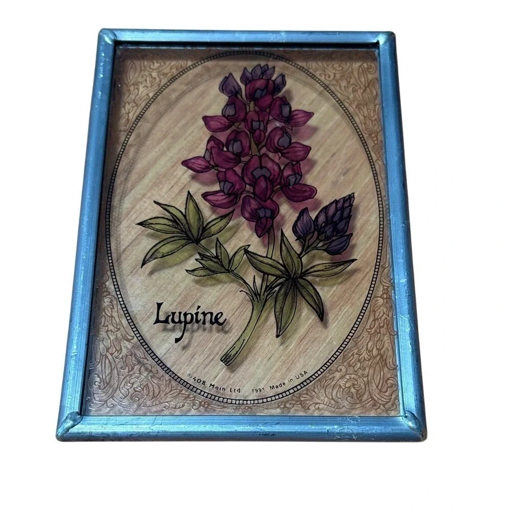 Vintage Lupine Floral Art Painted‎ Glass Sun Catcher w/ Metal Border 5.25